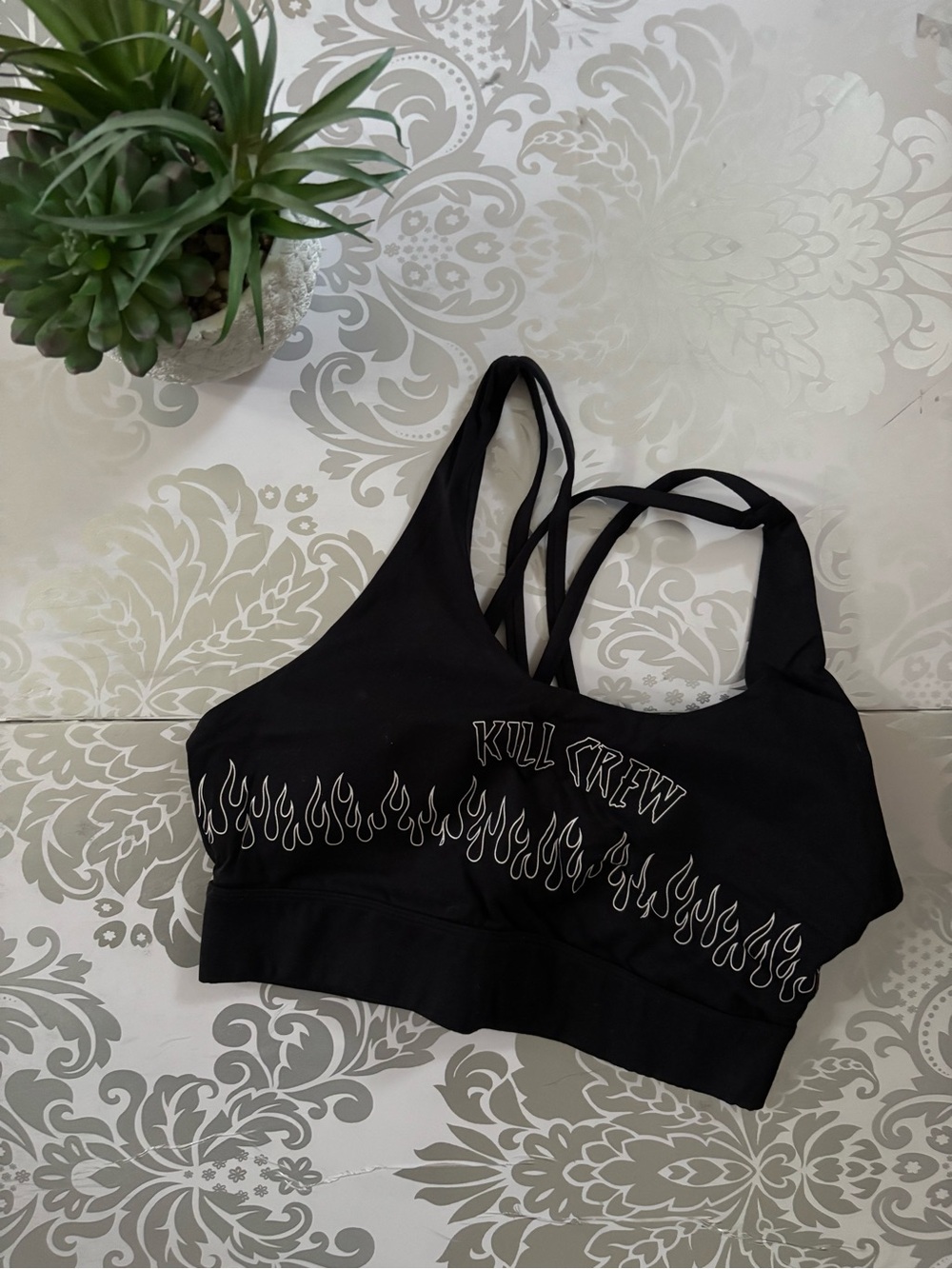 Kill Crew Black Strappy Flame-Graphic Sports Bra